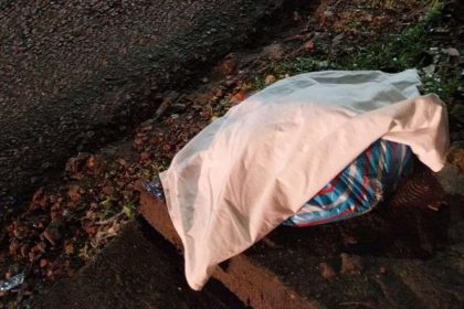 Corpo de bebê coberto por tecido branco na rua, próximo a vegetação e asfalto.