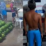 Dois homens presos em frente a um fundo de parede com o logotipo da polícia, e uma pilha de melancias.