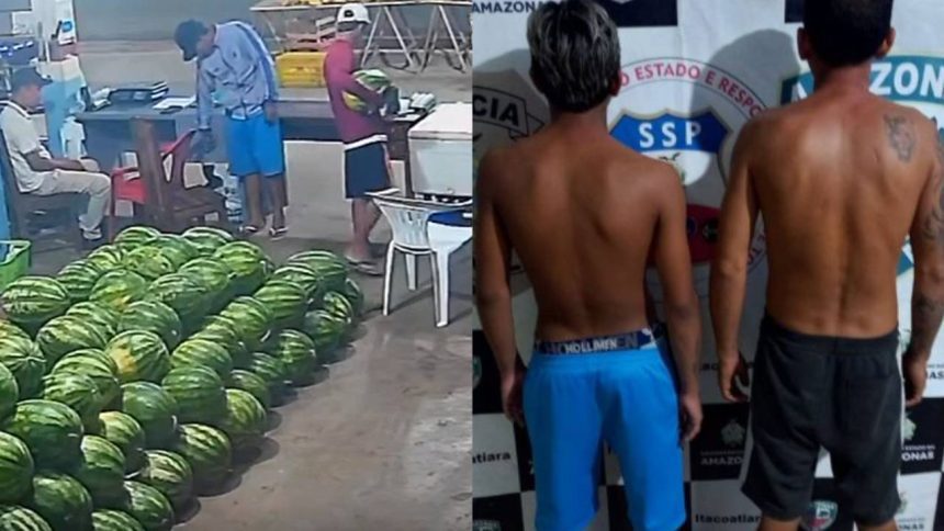 Dois homens presos em frente a um fundo de parede com o logotipo da polĂcia, e uma pilha de melancias.