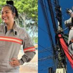 Eletricista sorrindo e segurando crachá, e outra trabalhando em poste com fios elétricos.