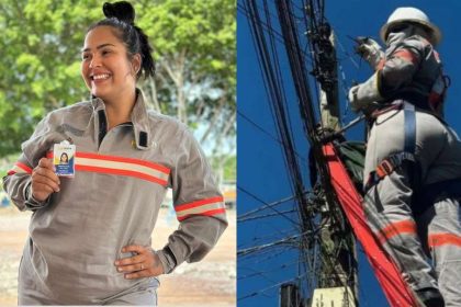 Eletricista sorrindo e segurando crachá, e outra trabalhando em poste com fios elétricos.