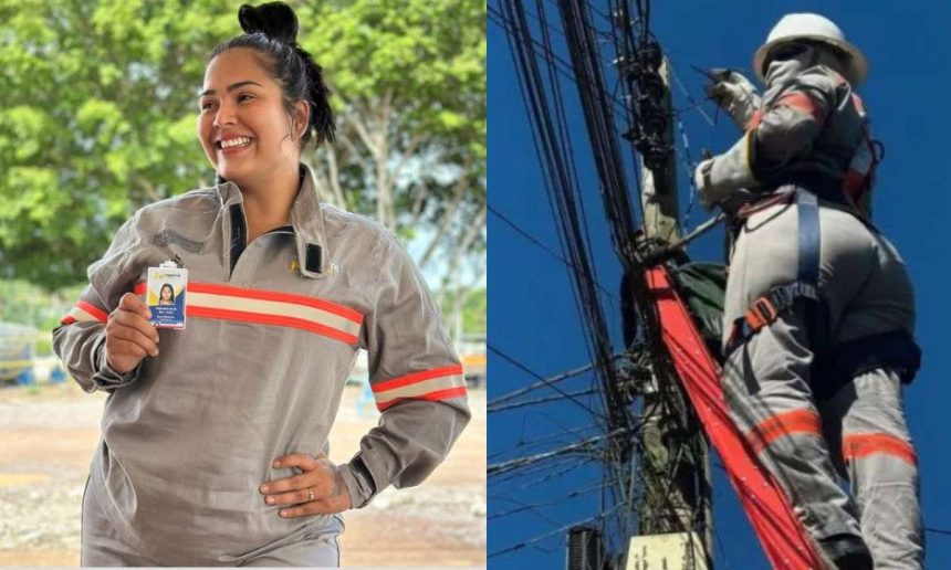 Eletricista sorrindo e segurando crachá, e outra trabalhando em poste com fios elétricos.