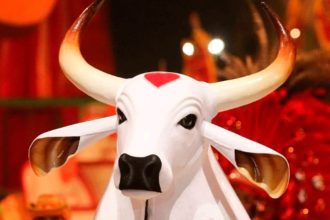 Escultura de boi branco com chifres e detalhe em coração vermelho na testa, em evento do Boi Garantido.