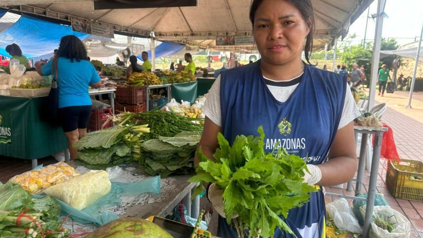 Feira em Manaus: Vendedora com verduras frescas em meio a outros produtos.