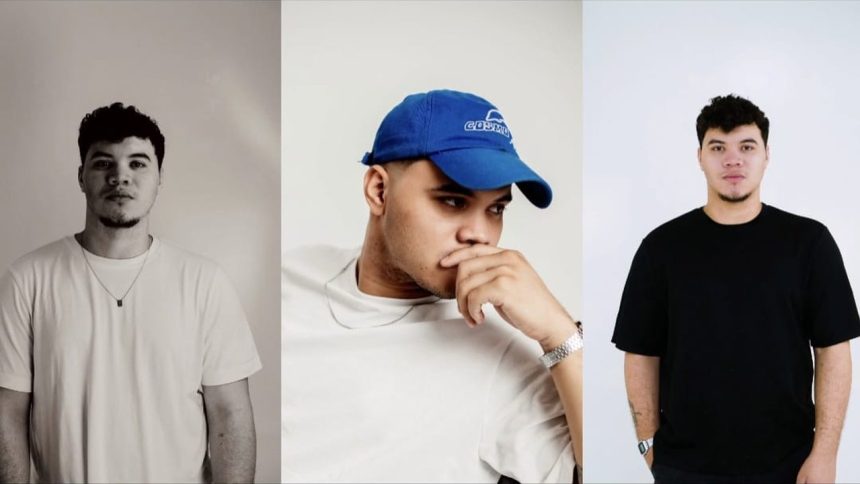 Homem em três poses diferentes: com camisa branca, boné azul e camisa preta.