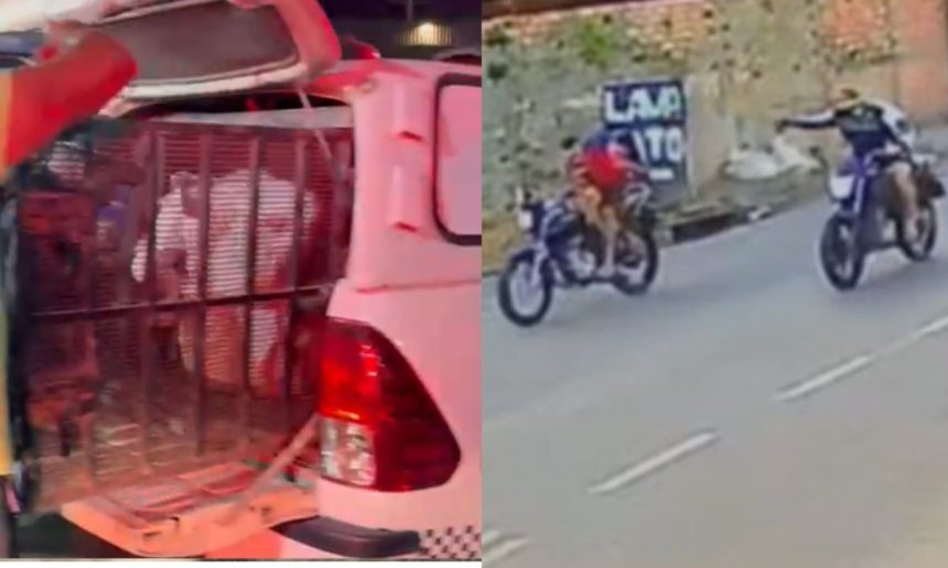 Homem preso em veículo e motociclistas em perseguição