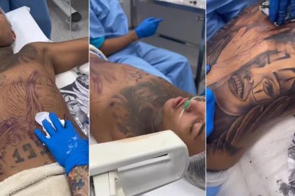 Dj Gustavo o Brabo em 2023 recebendo tatuagem no peito após anestesia geral, com desenho de palhaço e outros elementos.