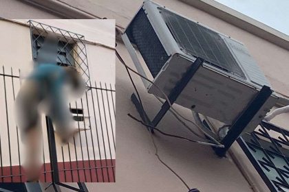 Homem tenta invadir igreja e cai, com ar-condicionado e janela de grade.