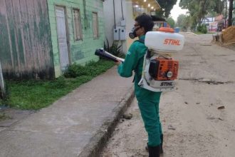 Homem usando equipamento STIHL pulveriza rua para combater a dengue.