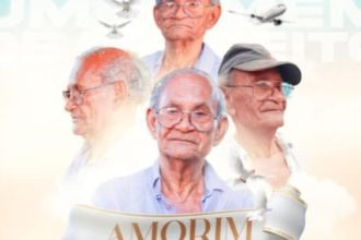 Homenagem a um homem com várias fotos e detalhes, com o nome Amorim em destaque.