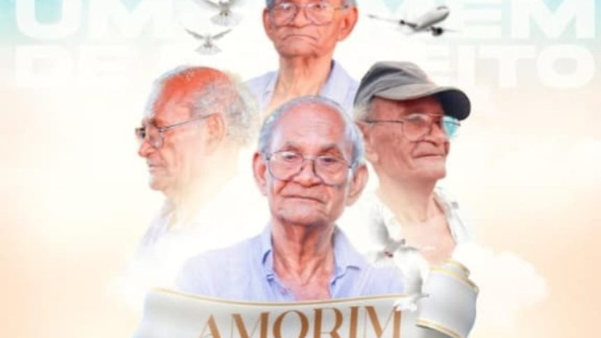 Homenagem a um homem com várias fotos e detalhes, com o nome Amorim em destaque.