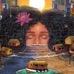 Ilustração de uma mulher com cabelo encaracolado e rosto submerso em água, com casas sobre palafitas e céu ao fundo.