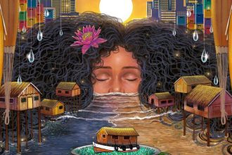 Ilustração de uma mulher com cabelo encaracolado e rosto submerso em água, com casas sobre palafitas e céu ao fundo.