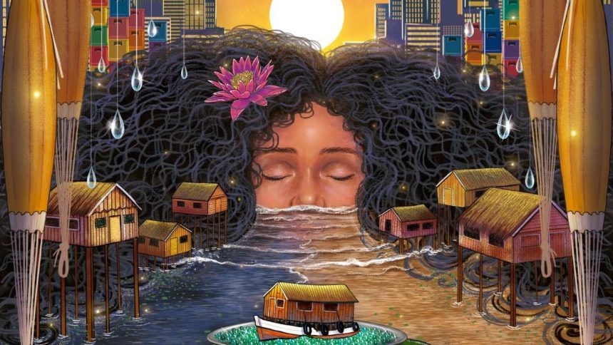 Ilustração de uma mulher com cabelo encaracolado e rosto submerso em água, com casas sobre palafitas e céu ao fundo.