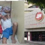 Imagem mostra três pessoas em um espaço confinado e um prédio do Ministério Público.