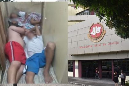 Imagem mostra três pessoas em um espaço confinado e um prédio do Ministério Público.