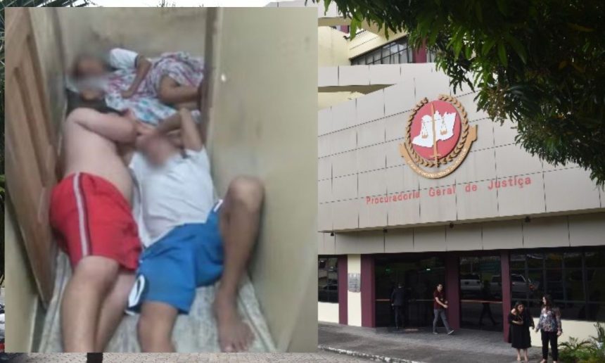 Imagem mostra três pessoas em um espaço confinado e um prédio do Ministério Público.