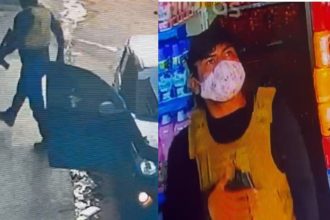 Indivíduos armados em colete tático em cena de assalto.