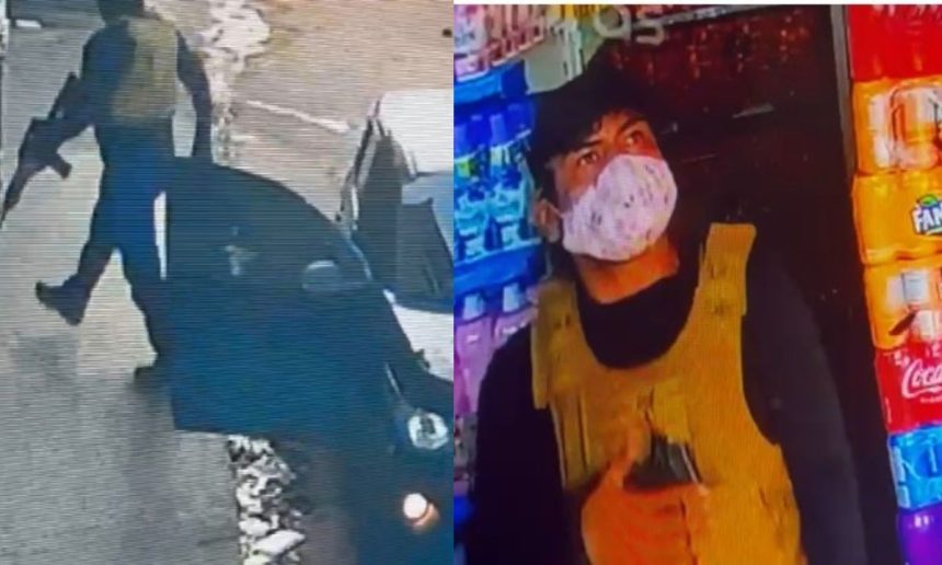 Indivíduos armados em colete tático em cena de assalto.