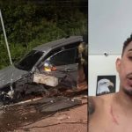 Influenciador Wil Robson após acidente de carro: carro danificado e ele com ferimentos.