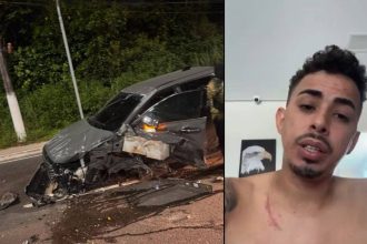 Influenciador Wil Robson após acidente de carro: carro danificado e ele com ferimentos.