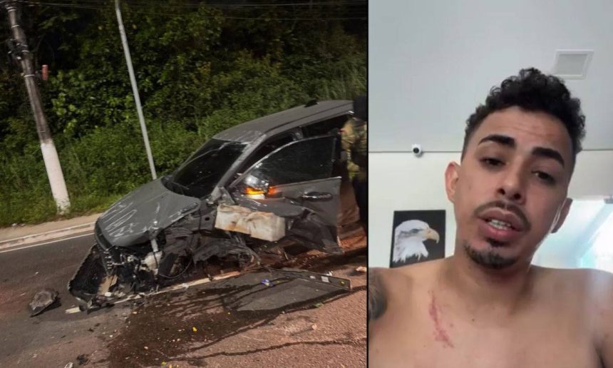 Influenciador Wil Robson após acidente de carro: carro danificado e ele com ferimentos.