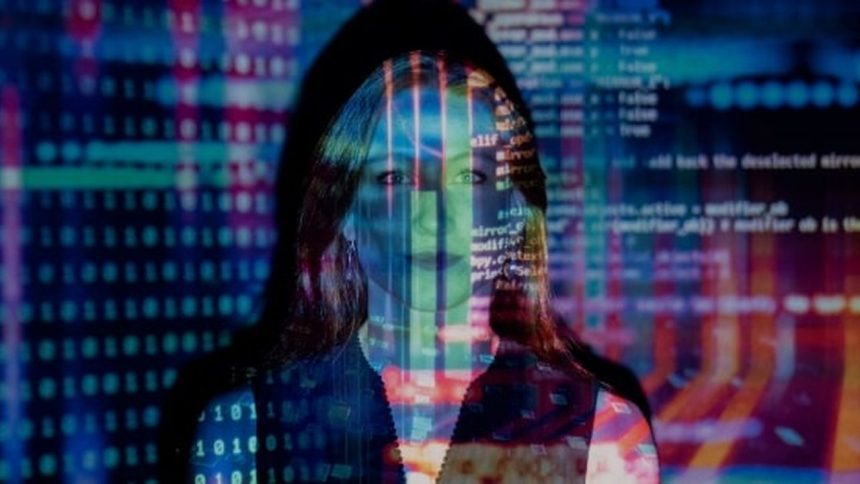 Mulher com rosto coberto por código de programação em um fundo futurista de IA Inteligência Artificial