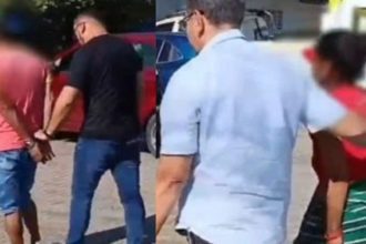 Mulher e homem sendo presos acusados de exploração sexual infantil.