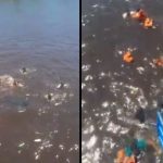 Naufrágio de lancha em Itapiranga, Amazonas. Pessoas na água e boias.