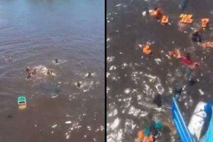 Naufrágio de lancha em Itapiranga, Amazonas. Pessoas na água e boias.