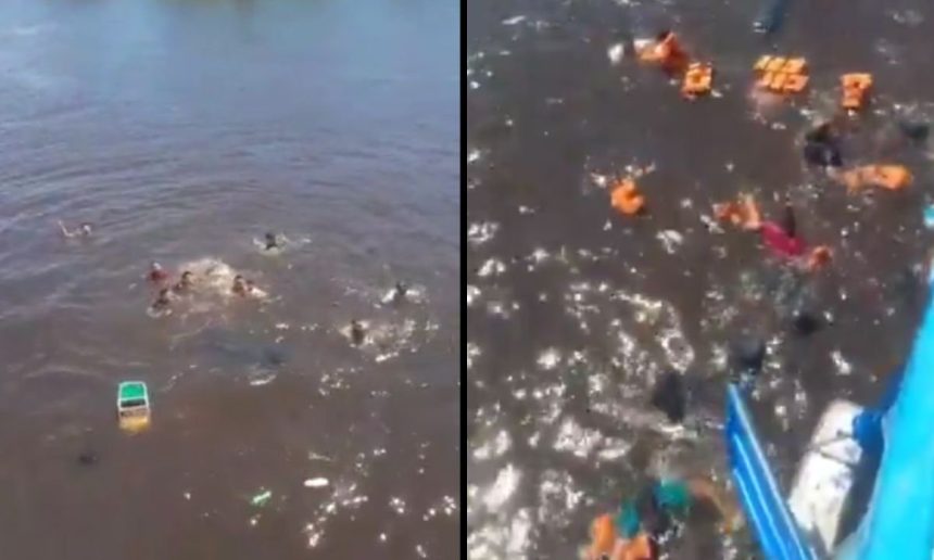 Naufrágio de lancha em Itapiranga, Amazonas. Pessoas na água e boias.