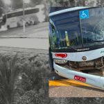 Ônibus danificado após atropelamento, imagem em preto e branco com possível vítima.