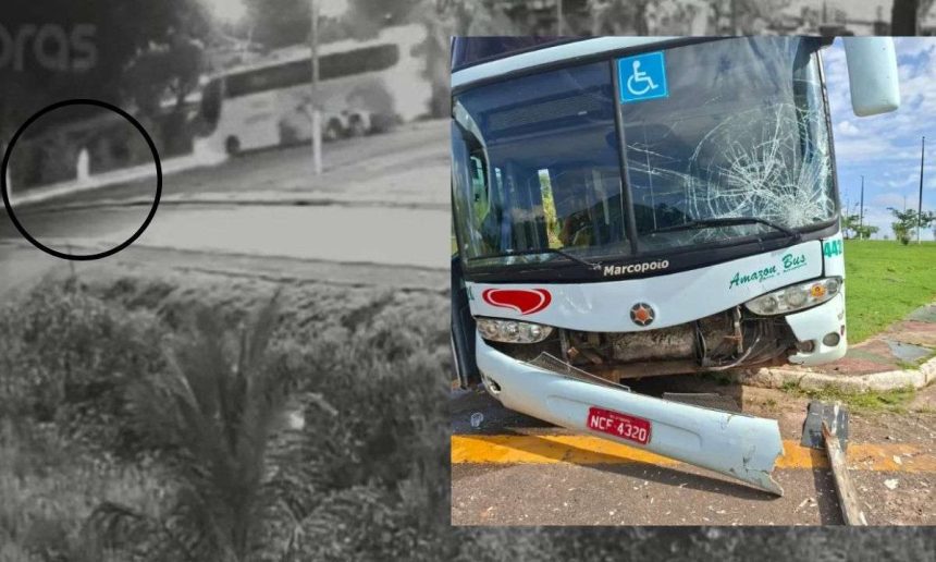 Ônibus danificado após atropelamento, imagem em preto e branco com possível vítima.