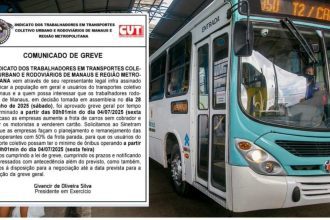 Ônibus em Manaus com aviso de greve do transporte coletivo.