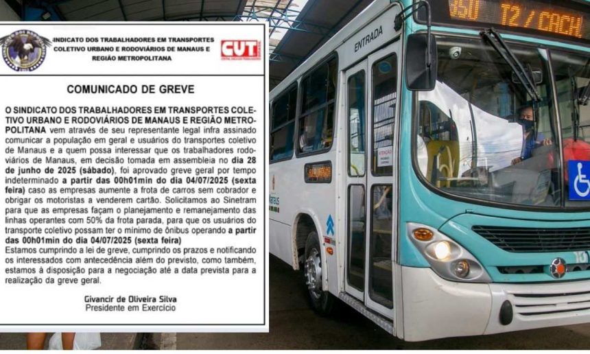 Ônibus em Manaus com aviso de greve do transporte coletivo.