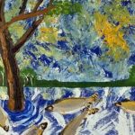 Pintura abstrata de peixes em um rio com árvores e folhagens, com texturas visuais.