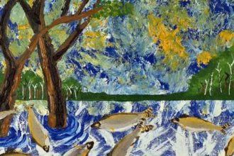 Pintura abstrata de peixes em um rio com árvores e folhagens, com texturas visuais.
