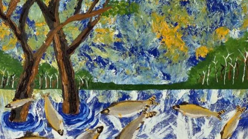 Pintura abstrata de peixes em um rio com árvores e folhagens, com texturas visuais.