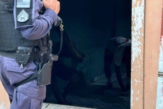 Policial em cena de crime com evidências de violência em residência.