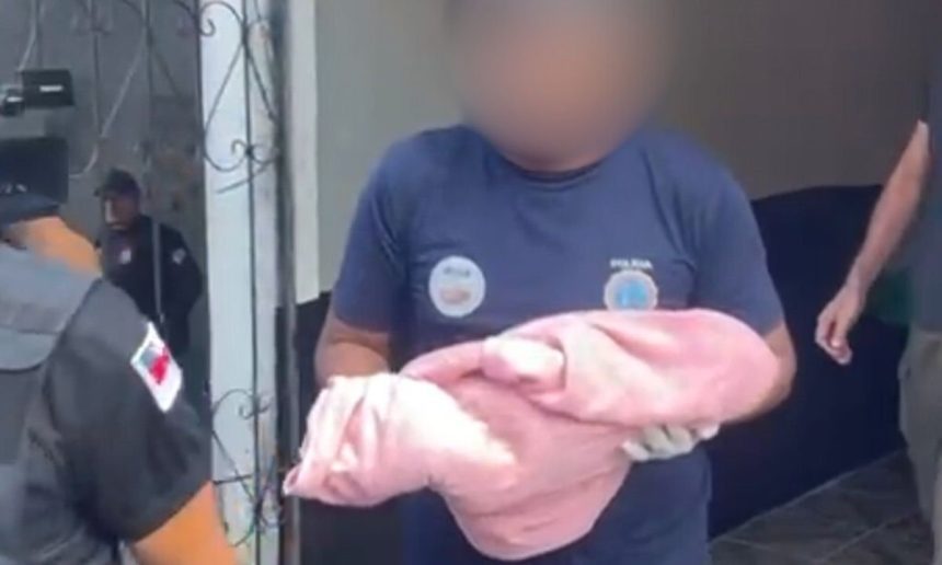 Policial segura bebê envolta em tecido rosa após achado de corpo.