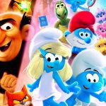 Pôster do filme Os Smurfs com personagens azuis e Gargamel.