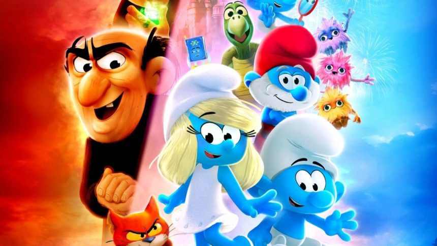 Pôster do filme Os Smurfs com personagens azuis e Gargamel.