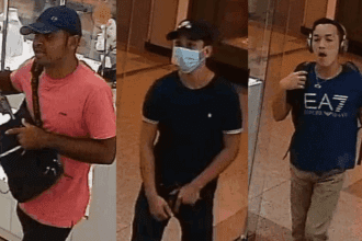 Imagem colorida mostra suspeitos filmados de assaltos a joalheria