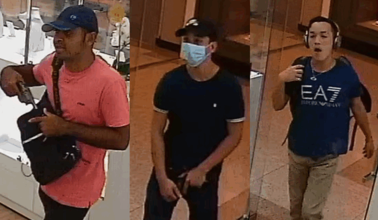 Imagem colorida mostra suspeitos filmados de assaltos a joalheria