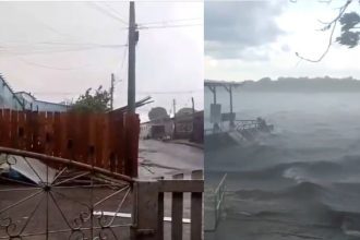 Temporal em Nhamundá: chuva forte e ventos atingem cidade, com área alagada e fortes ondas.