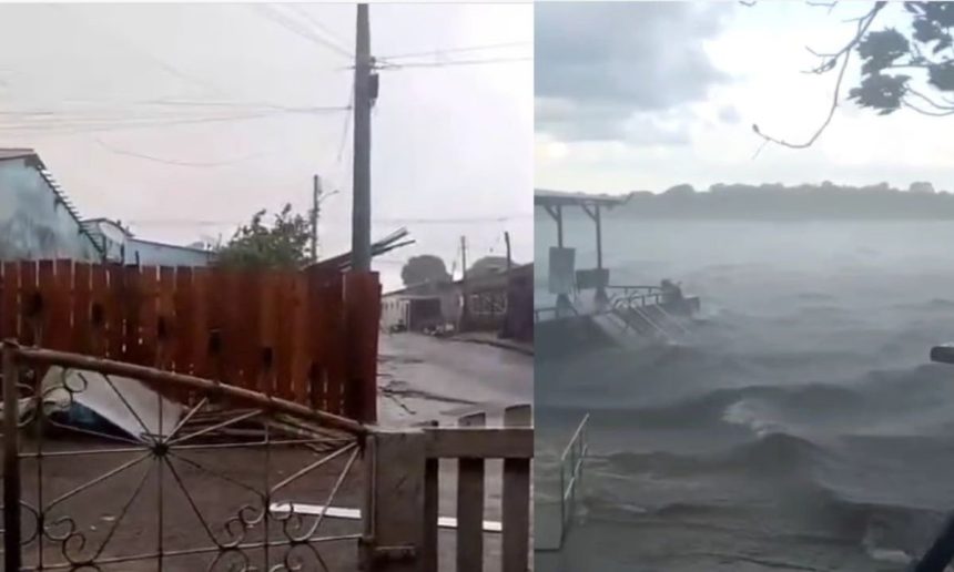 Temporal em Nhamundá: chuva forte e ventos atingem cidade, com área alagada e fortes ondas.