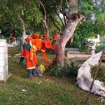 Trabalhadores limpando um cemitério em Manaus para o Dia dos Pais.