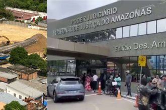 Tribunal de Justiça do Amazonas após tremor, com pessoas evacuando.