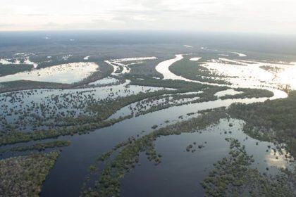 Vista aérea de um rio sinuoso e áreas alagadas na Amazônia.