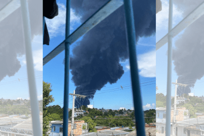 Imagem colorida mostra fumaça de incêndio no distrito